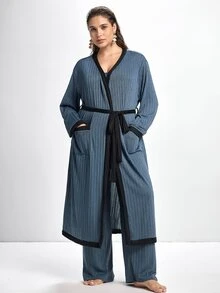 Slumbrini Plus Size Solid Cami Top & Pants & Belted Robe Set, Clothes, Cozy Outfit, Fall & Winter - Dusty Blue - View 10