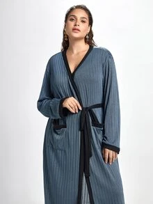 Slumbrini Plus Size Solid Cami Top & Pants & Belted Robe Set, Clothes, Cozy Outfit, Fall & Winter - Dusty Blue - View 9