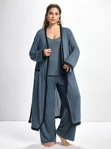 Slumbrini Plus Size Solid Cami Top & Pants & Belted Robe Set, Clothes, Cozy Outfit, Fall & Winter - Dusty Blue - View 6