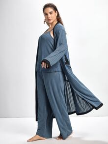 Slumbrini Plus Size Solid Cami Top & Pants & Belted Robe Set, Clothes, Cozy Outfit, Fall & Winter - Dusty Blue - View 7