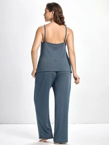 Slumbrini Plus Size Solid Cami Top & Pants & Belted Robe Set, Clothes, Cozy Outfit, Fall & Winter - Dusty Blue - View 3