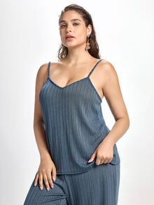 Slumbrini Plus Size Solid Cami Top & Pants & Belted Robe Set, Clothes, Cozy Outfit, Fall & Winter - Dusty Blue - View 5