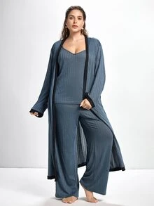 Slumbrini Plus Size Solid Cami Top & Pants & Belted Robe Set, Clothes, Cozy Outfit, Fall & Winter - Dusty Blue - View 1