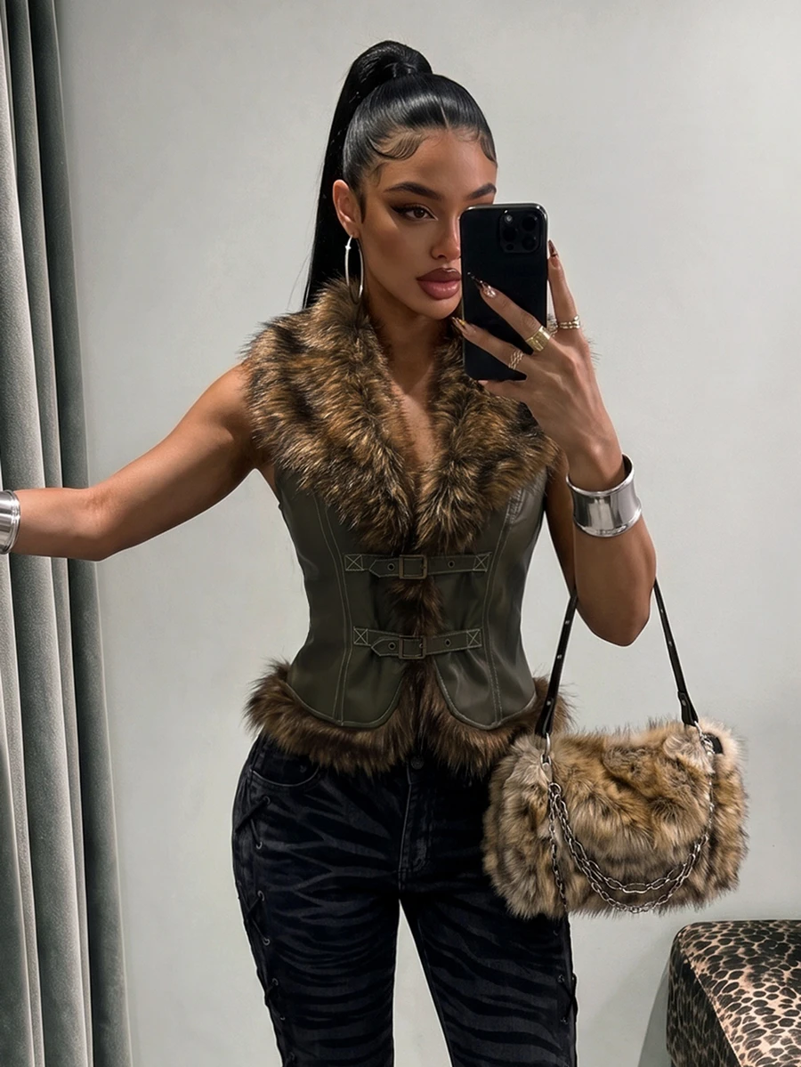 Amplova Women's Faux Fur Vest With Buckle Design - Green - View 1