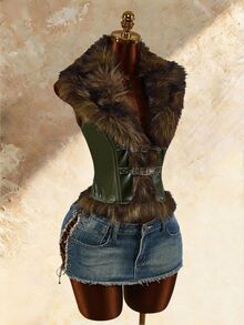Amplova Women's Faux Fur Vest With Buckle Design - Green - View 3