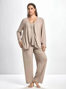 Slumbrini Lazeform Plus Size Solid Color V-Neck Button Decor Casual Knit Robe & Camisole Top & Pants 3 Pieces Pajama Set, Cozy Set, Winter Clothes - Grey - View 6