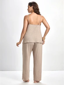 Slumbrini Lazeform Plus Size Solid Color V-Neck Button Decor Casual Knit Robe & Camisole Top & Pants 3 Pieces Pajama Set, Cozy Set, Winter Clothes - Grey - View 3