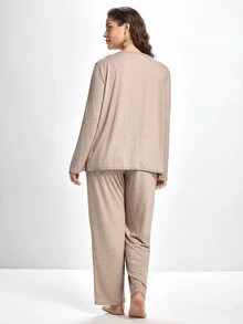 Slumbrini Lazeform Plus Size Solid Color V-Neck Button Decor Casual Knit Robe & Camisole Top & Pants 3 Pieces Pajama Set, Cozy Set, Winter Clothes - Grey - View 2