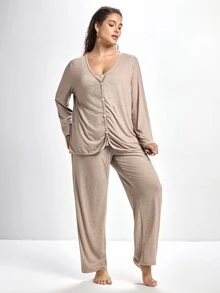 Slumbrini Lazeform Plus Size Solid Color V-Neck Button Decor Casual Knit Robe & Camisole Top & Pants 3 Pieces Pajama Set, Cozy Set, Winter Clothes - Grey - View 7