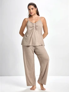 Slumbrini Lazeform Plus Size Solid Color V-Neck Button Decor Casual Knit Robe & Camisole Top & Pants 3 Pieces Pajama Set, Cozy Set, Winter Clothes - Grey - View 4