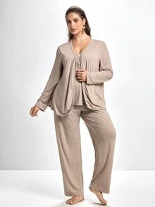 Slumbrini Lazeform Plus Size Solid Color V-Neck Button Decor Casual Knit Robe & Camisole Top & Pants 3 Pieces Pajama Set, Cozy Set, Winter Clothes - Grey - View 1