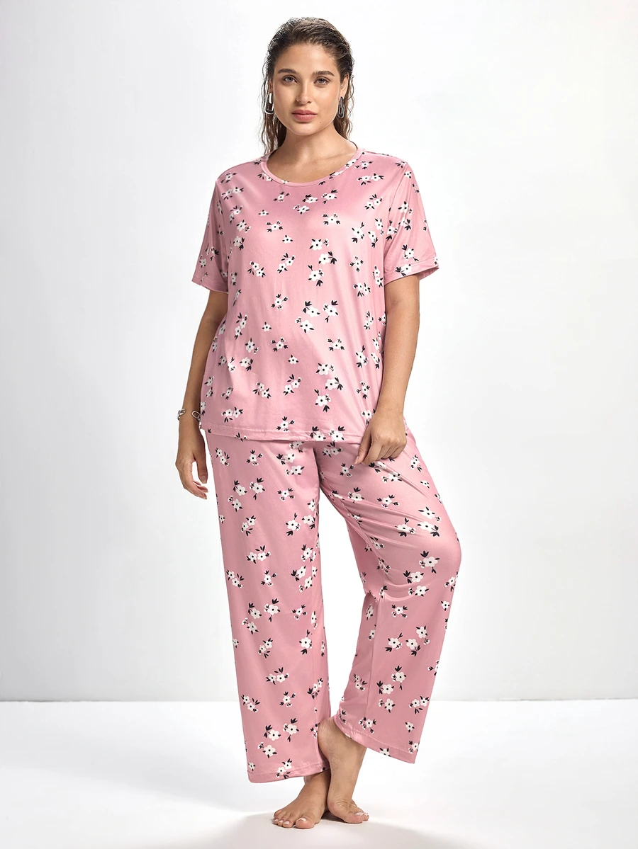 Slumbrini Plus Floral Print PJ Set / Pajama Set - Dusty Pink - View 1
