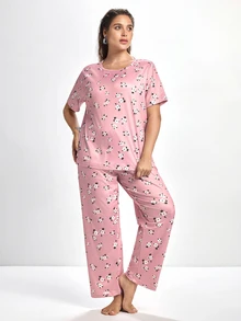 Slumbrini Plus Floral Print PJ Set / Pajama Set - Dusty Pink - View 3