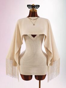 Amplova Women's Solid Color Dress And Tassel Design Cape Top Knit 2 Pieces Set - Apricot - View 3