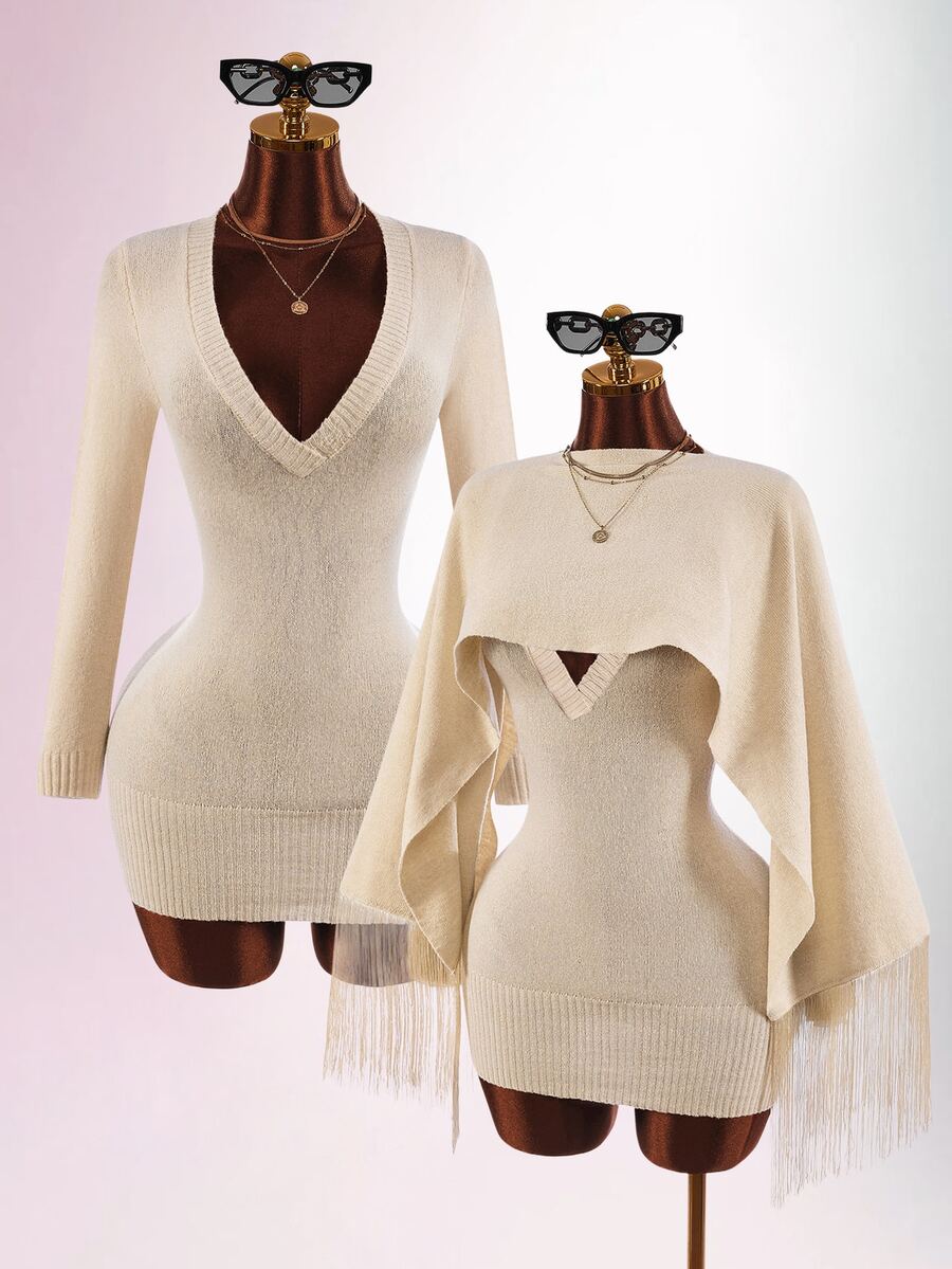 Amplova Women's Solid Color Dress And Tassel Design Cape Top Knit 2 Pieces Set - Apricot - View 1