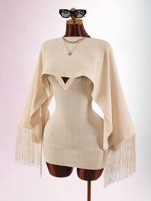 Amplova Women's Solid Color Dress And Tassel Design Cape Top Knit 2 Pieces Set - Apricot - View 10