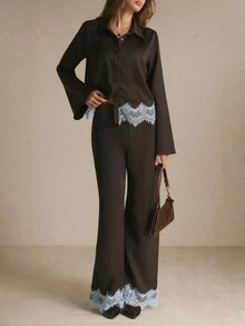 Poéselle Women's Chocolate Brown Lace-Trim Two Pieces Set – Long-Sleeve Button-Down Shirt And Wide-Leg Pants Maroon Set Brown Set Work Outfits Fall/Winter Sets - Brown - View 3