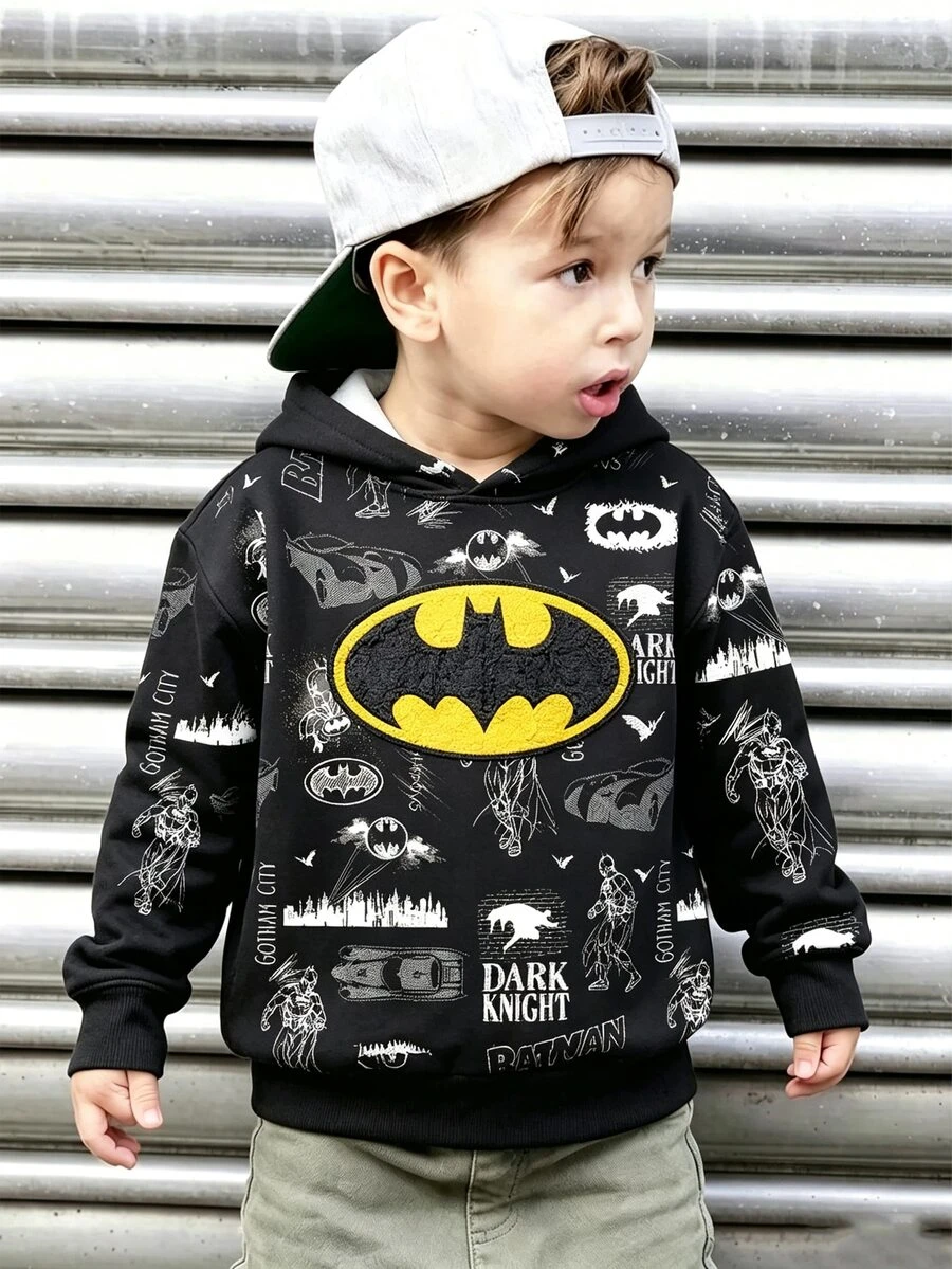 BATMAN X SHEIN 小男孩休閒卡通印花連帽長袖衛衣 - 彩色 - 查看 1