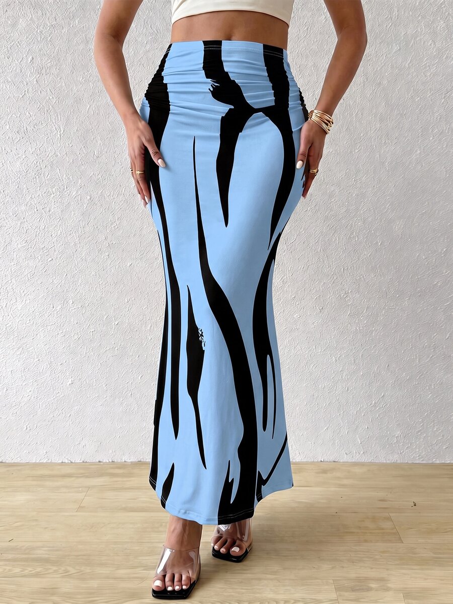 Zolique Women's Printed Pleated Maxi Skirt Vacation Light Blue Summer