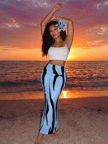 Zolique Women's Printed Pleated Maxi Skirt Vacation Light Blue Summer - Blue - View 7