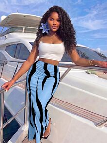 Zolique Women's Printed Pleated Maxi Skirt Vacation Light Blue Summer - Blue - View 4