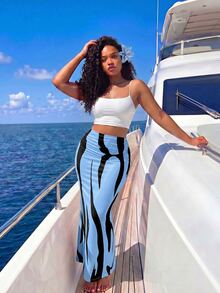 Zolique Women's Printed Pleated Maxi Skirt Vacation Light Blue Summer - Blue - View 5