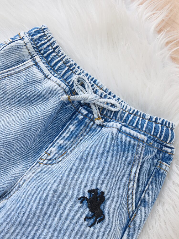 Young Boy Fall/Winter Basic Soft Warm Pony Embroidered Drawstring Waist Blue Denim Fleece Lined Loose Fit Jeans, For Daily-Wear - Light Wash - View 5