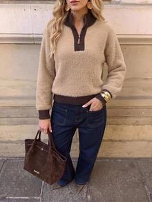 Brillora Fuzzy Half Zip Stand Collar Contrast Ribbed Trim Pullover Sweater,Half Zip,Colorblock Design,Daily Commute,Old Money Style,Christmas,Fall Winter - Khaki - View 10