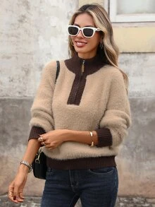 Brillora Fuzzy Half Zip Stand Collar Contrast Ribbed Trim Pullover Sweater,Half Zip,Colorblock Design,Daily Commute,Old Money Style,Christmas,Fall Winter - Khaki - View 8