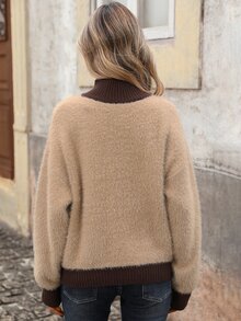 Brillora Fuzzy Half Zip Stand Collar Contrast Ribbed Trim Pullover Sweater,Half Zip,Colorblock Design,Daily Commute,Old Money Style,Christmas,Fall Winter - Khaki - View 2