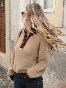 Brillora Fuzzy Half Zip Stand Collar Contrast Ribbed Trim Pullover Sweater,Half Zip,Colorblock Design,Daily Commute,Old Money Style,Christmas,Fall Winter - Khaki - View 5