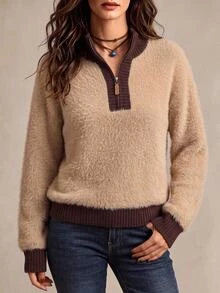 Brillora Fuzzy Half Zip Stand Collar Contrast Ribbed Trim Pullover Sweater,Half Zip,Colorblock Design,Daily Commute,Old Money Style,Christmas,Fall Winter - Khaki - View 9