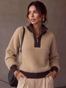 Brillora Fuzzy Half Zip Stand Collar Contrast Ribbed Trim Pullover Sweater,Half Zip,Colorblock Design,Daily Commute,Old Money Style,Christmas,Fall Winter - Khaki - View 11