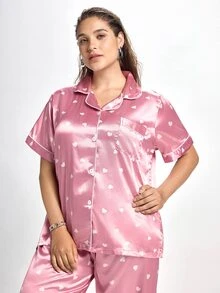 Slumbrini 加心印花撞色滚边缎面睡衣套装/睡衣套装 - 藕粉色 - 查看 7