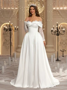 Glamrae Elegant Luxury Sheer Lace Eyelash Trim Long Sleeve Spliced Satin Off-Shoulder A-Line Robe, Suitable For Wedding Ceremonies, Celebrations, Luxury Receptions And Evening Parties, Multi-Occasion Bridal Gown, Wedding Guest Dress, Long Robe Gown - White - View 7
