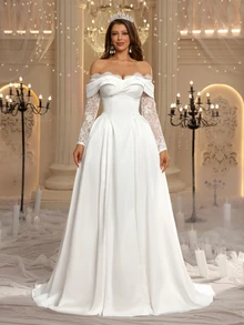 Glamrae Elegant Luxury Sheer Lace Eyelash Trim Long Sleeve Spliced Satin Off-Shoulder A-Line Robe, Suitable For Wedding Ceremonies, Celebrations, Luxury Receptions And Evening Parties, Multi-Occasion Bridal Gown, Wedding Guest Dress, Long Robe Gown - White - View 8