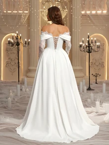Glamrae Elegant Luxury Sheer Lace Eyelash Trim Long Sleeve Spliced Satin Off-Shoulder A-Line Robe, Suitable For Wedding Ceremonies, Celebrations, Luxury Receptions And Evening Parties, Multi-Occasion Bridal Gown, Wedding Guest Dress, Long Robe Gown - White - View 4