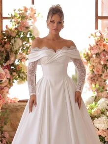 Glamrae Elegant Luxury Sheer Lace Eyelash Trim Long Sleeve Spliced Satin Off-Shoulder A-Line Robe, Suitable For Wedding Ceremonies, Celebrations, Luxury Receptions And Evening Parties, Multi-Occasion Bridal Gown, Wedding Guest Dress, Long Robe Gown - White - View 2