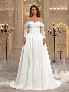 Glamrae Elegant Luxury Sheer Lace Eyelash Trim Long Sleeve Spliced Satin Off-Shoulder A-Line Robe, Suitable For Wedding Ceremonies, Celebrations, Luxury Receptions And Evening Parties, Multi-Occasion Bridal Gown, Wedding Guest Dress, Long Robe Gown - White - View 5