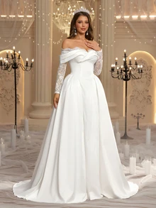 Glamrae Elegant Luxury Sheer Lace Eyelash Trim Long Sleeve Spliced Satin Off-Shoulder A-Line Robe, Suitable For Wedding Ceremonies, Celebrations, Luxury Receptions And Evening Parties, Multi-Occasion Bridal Gown, Wedding Guest Dress, Long Robe Gown - White - View 6