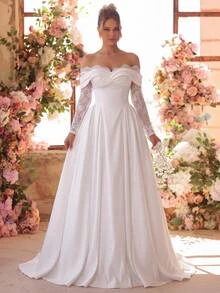 Glamrae Elegant Luxury Sheer Lace Eyelash Trim Long Sleeve Spliced Satin Off-Shoulder A-Line Robe, Suitable For Wedding Ceremonies, Celebrations, Luxury Receptions And Evening Parties, Multi-Occasion Bridal Gown, Wedding Guest Dress, Long Robe Gown - White - View 1