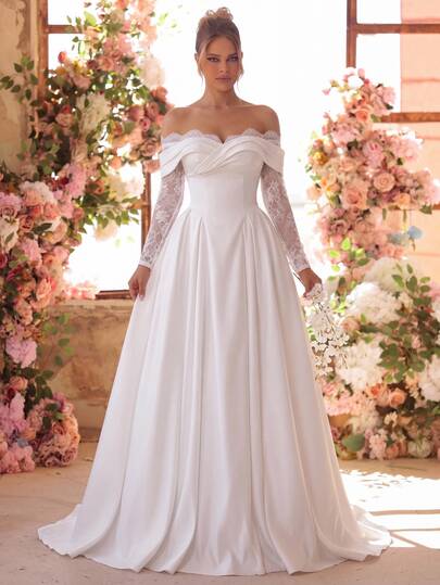 Glamrae Elegant Luxury Sheer Lace Eyelash Trim Long Sleeve Spliced Satin Off-Shoulder A-Line Robe, Suitable For Wedding Ceremonies, Celebrations, Luxury Receptions And Evening Parties, Multi-Occasion Bridal Gown, Wedding Guest Dress, Long Robe Gown