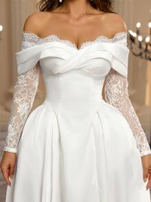Glamrae Elegant Luxury Sheer Lace Eyelash Trim Long Sleeve Spliced Satin Off-Shoulder A-Line Robe, Suitable For Wedding Ceremonies, Celebrations, Luxury Receptions And Evening Parties, Multi-Occasion Bridal Gown, Wedding Guest Dress, Long Robe Gown - White - View 3