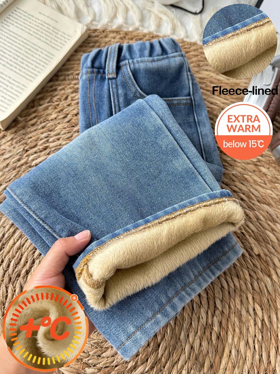 SHEIN 小男孩秋冬款做舊復古保暖藍色丹寧抓絨內裡寬鬆牛仔褲,兒童街頭風,保暖,萬聖節 - 中等水洗藍 - 查看 1