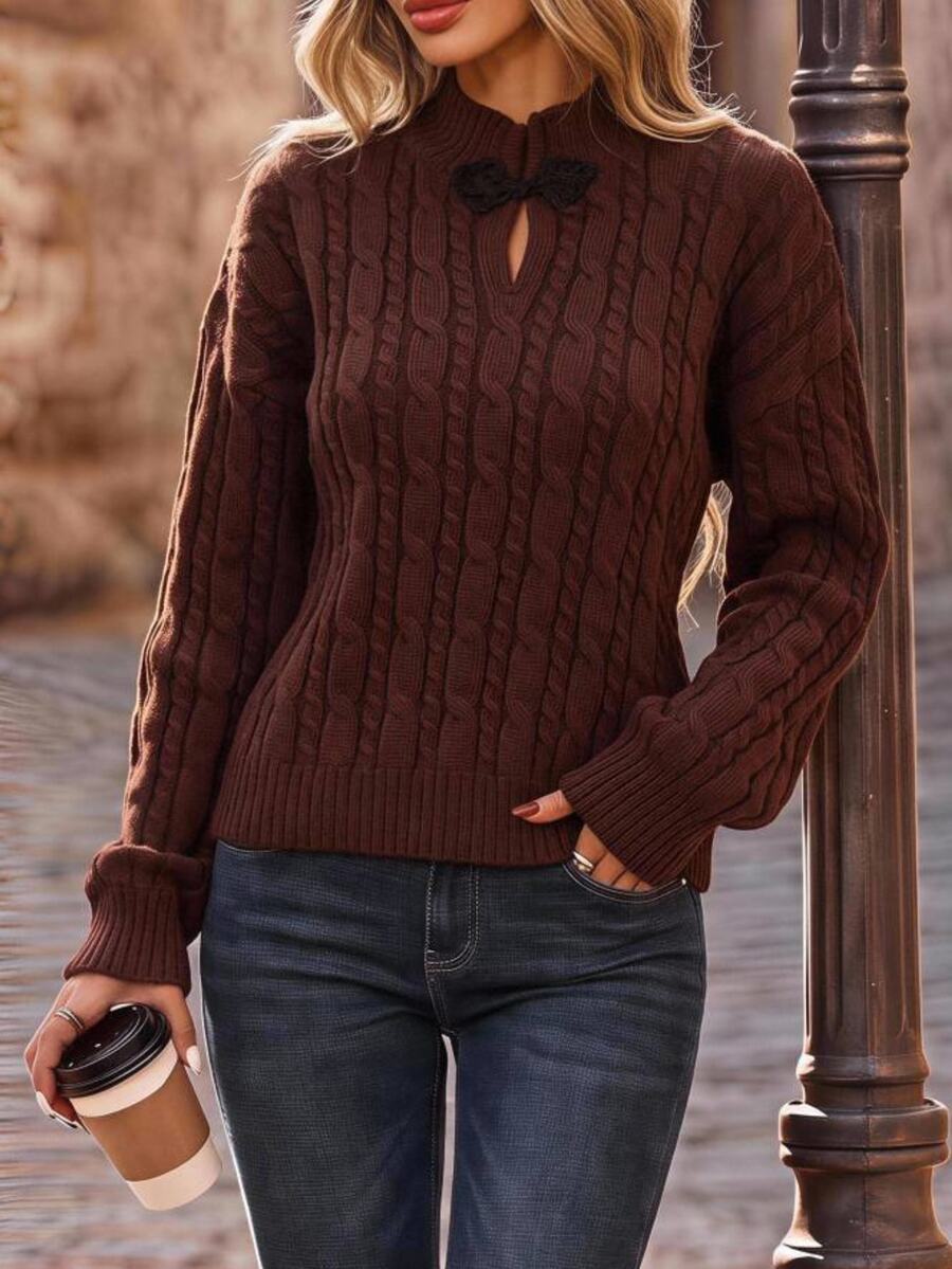 Brillora Cable Knit Stand Collar Frog Button Keyhole Detail Pullover Sweater,Twist Knit,Daily Commute,Chinese Frog Button,Autumn & Winter,Chinoiserie Style - Brown - View 1