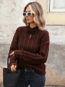 Brillora Cable Knit Stand Collar Frog Button Keyhole Detail Pullover Sweater,Twist Knit,Daily Commute,Chinese Frog Button,Autumn & Winter,Chinoiserie Style - Brown - View 7
