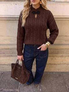 Brillora Cable Knit Stand Collar Frog Button Keyhole Detail Pullover Sweater,Twist Knit,Daily Commute,Chinese Frog Button,Autumn & Winter,Chinoiserie Style - Brown - View 10