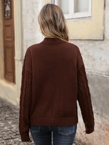 Brillora Cable Knit Stand Collar Frog Button Keyhole Detail Pullover Sweater,Twist Knit,Daily Commute,Chinese Frog Button,Autumn & Winter,Chinoiserie Style - Brown - View 2