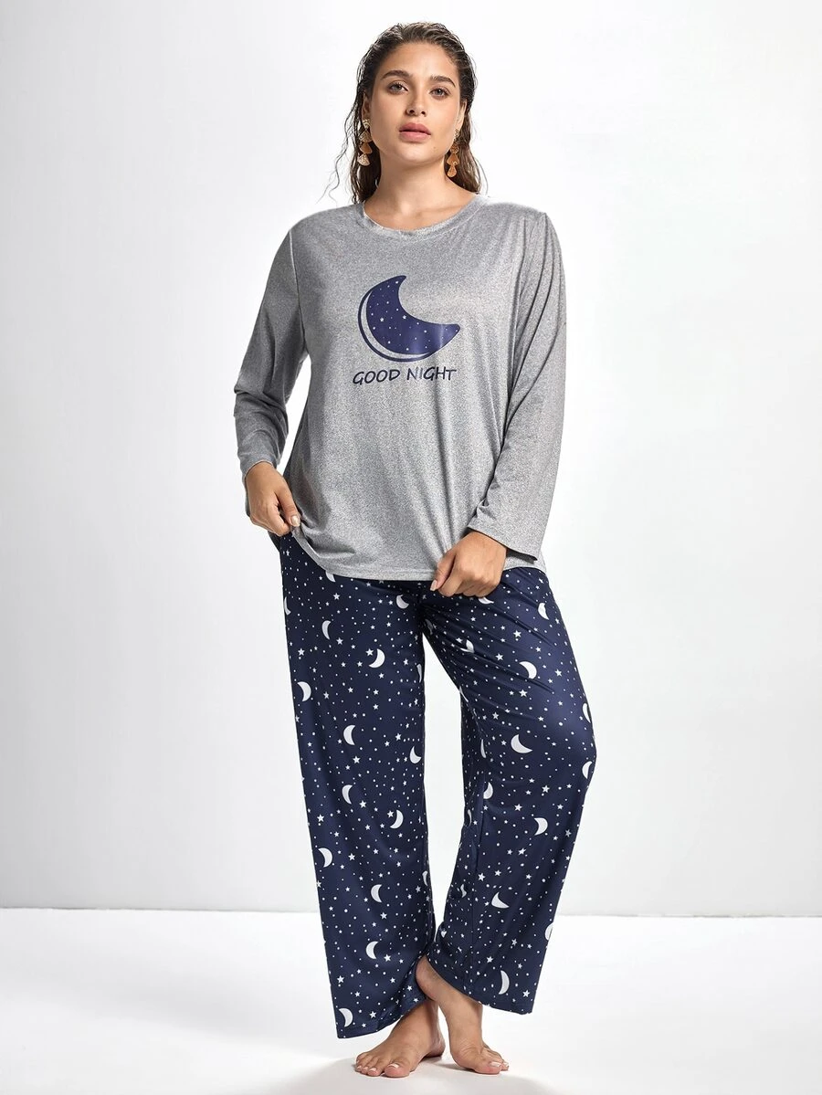 Slumbrini Plus Moon & Slogan Graphic PJ Set / Pajama Set, Fall Winter Clothes, Cozy Outfit - Light Grey - View 1