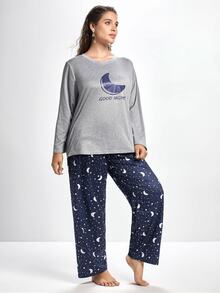 Slumbrini Plus Moon & Slogan Graphic PJ Set / Pajama Set, Fall Winter Clothes, Cozy Outfit - Light Grey - View 6